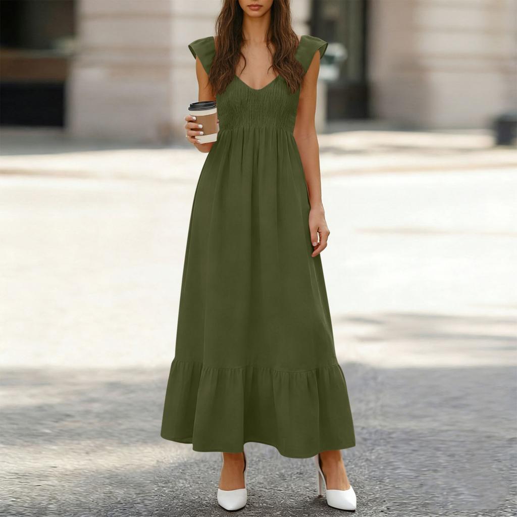 Women's Fashionable V-neck Casual Loose High Waisted Color Ruffle Sleeveless Pleated Long Dresses