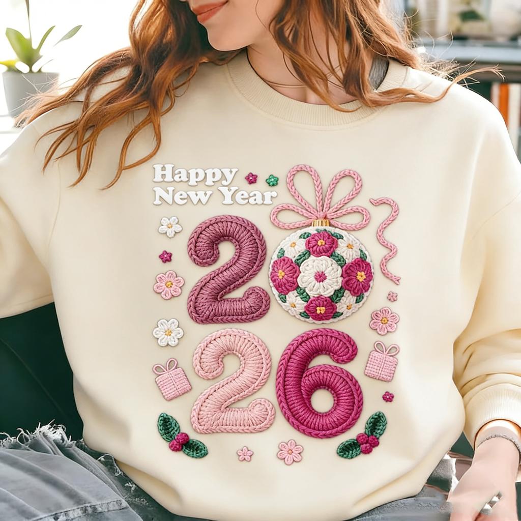 Happy New Year 2026 Crochet Yarn Design Digital Download Autumn and Winter Thermal Hoodie Long Sleeve Sweatshirt Adult Pullover
