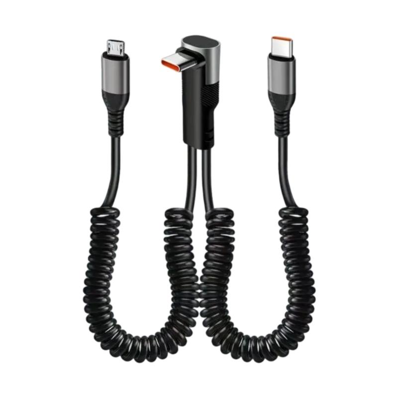 2 in 1 USB A & Type C Car Charging Cable with Stretchable Spring Charging Data Cable for Multiple Devices