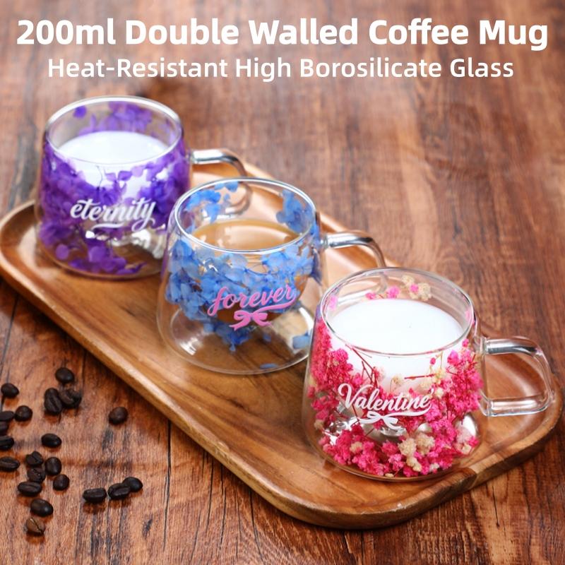 200ml Double Walled Glass Mug Cup Coffee Mug with Dry Flowers Decorative Creative Flower Mug Home Water Cup Drinking Glasses rosa