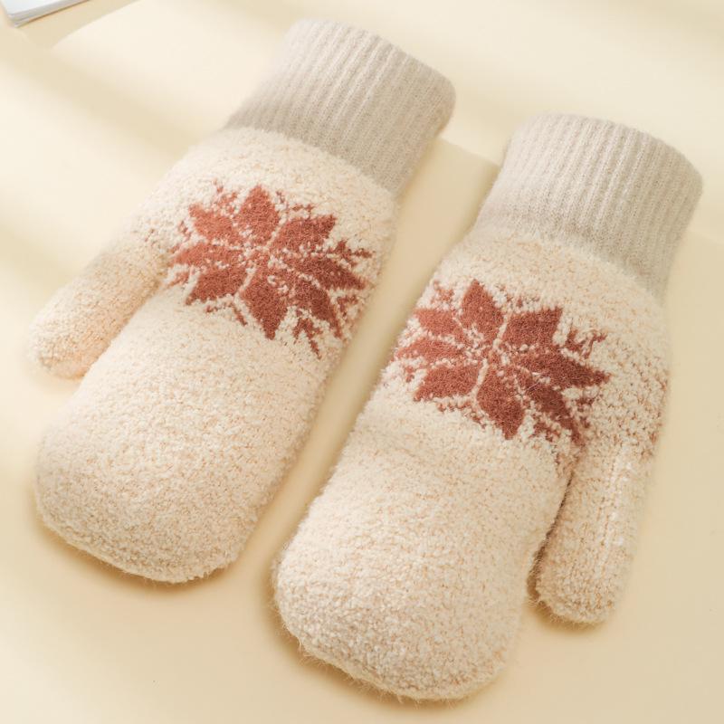 Korean-Style Cute Snowflake Lamb Wool Fingerless Winter Gloves: Thick, Warm, Double-Layered Mittens for Students.