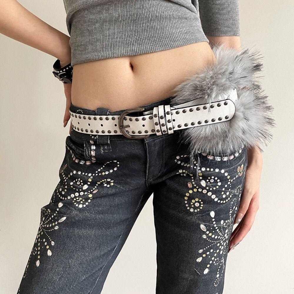 Western Style Y2K Waistband Rivet Plush Belt Simple Leather Fur Belt  Daily