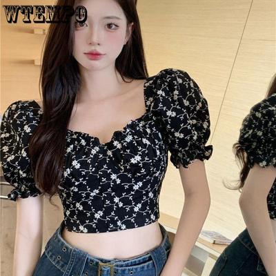 Low Collar Short Bubble Sleeve Shirt Women's Summer Design Sense of Fashion Niche Floral Square Neck Slim Fit Tops