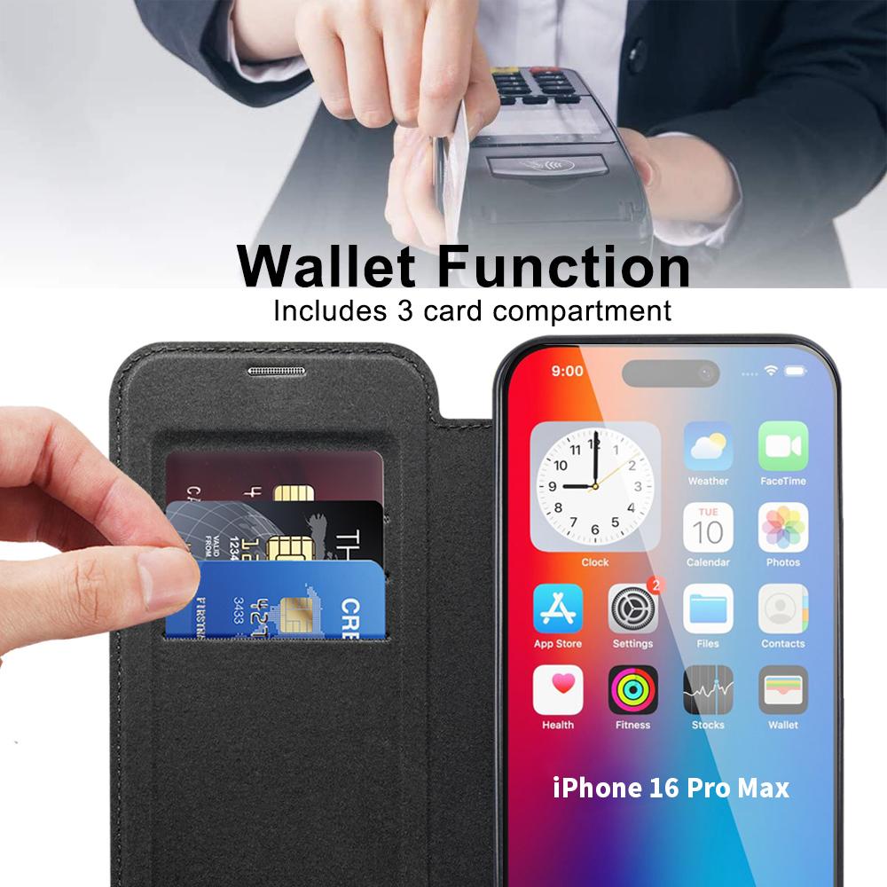 For iPhone 16 Pro Max Magnetic Case Card Slots RFID Blocking Leather Phone Cover