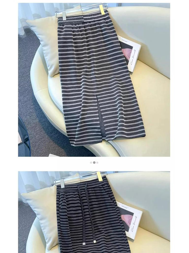Women's Striped Knit A-Line Midi Skirt with Slit - Spring/Autumn 2025 Korean Style