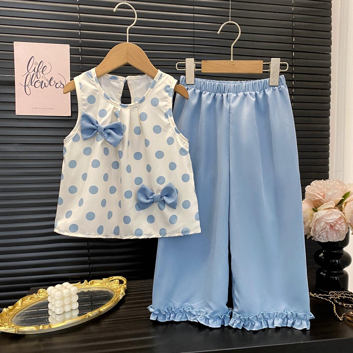 

Summer Girls Polka Dot Bowknot Vest & Straight Leg Pants Set - Fresh Fashion for Kids 5 Years/120 cm синий