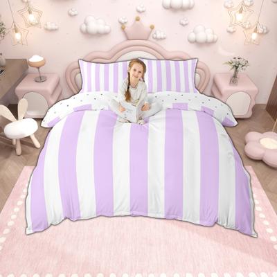 Homewish Princess Stripe Duvet Cover Set, Cute Kawaii Bedding Set for Kids Girls, Reversible Quilt Cover Set
