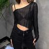 Women's Asymmetric Off-Shoulder Sheer Textured Long Sleeve Crop Top