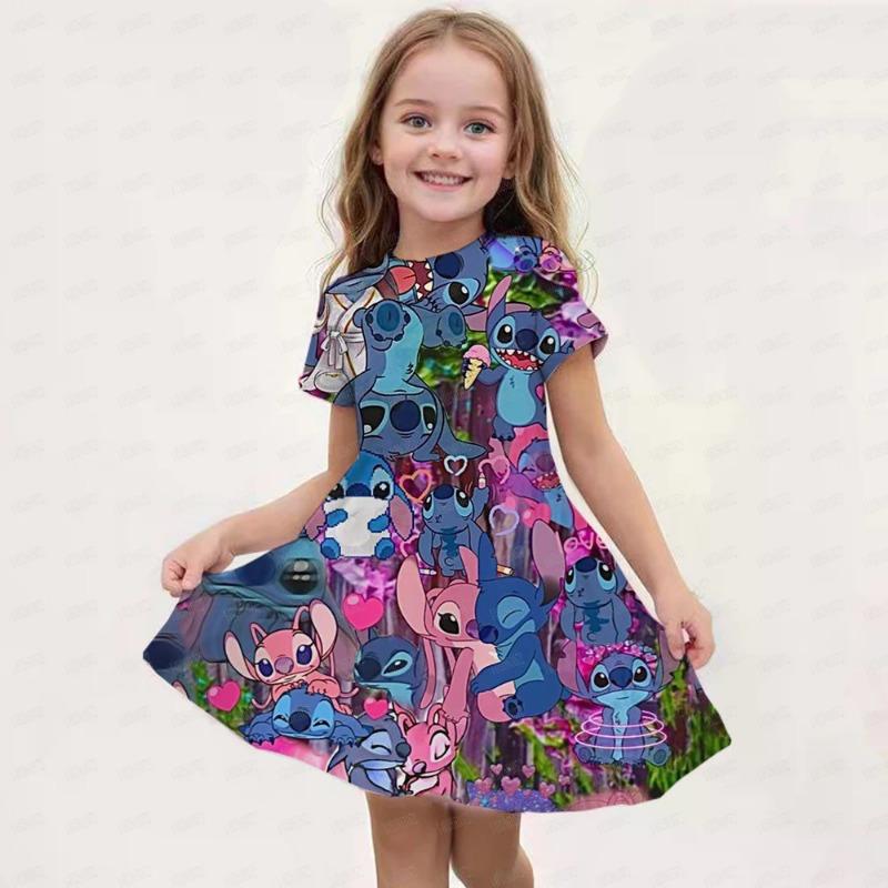 Disney Stitch Print Children's Dress, Birthday Party Girl Princess Summer Casual Soft Cute Costume Top, Hot Sale