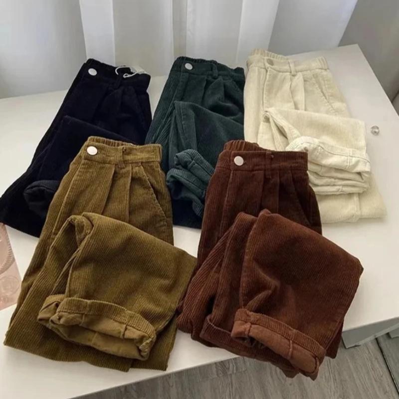 Women Korean Fashion Spring Fall Retro Straight High Waist Corduroy Pants Causal Full Length Trousers All Match Office Lady Pant