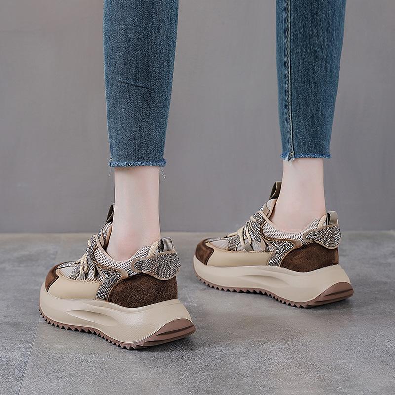 Fashion Women's Genuine Leather Retro Dad Shoes 2025 New Thick Soled Casual Sports Shoes Hot Stamping Trendy Footwear