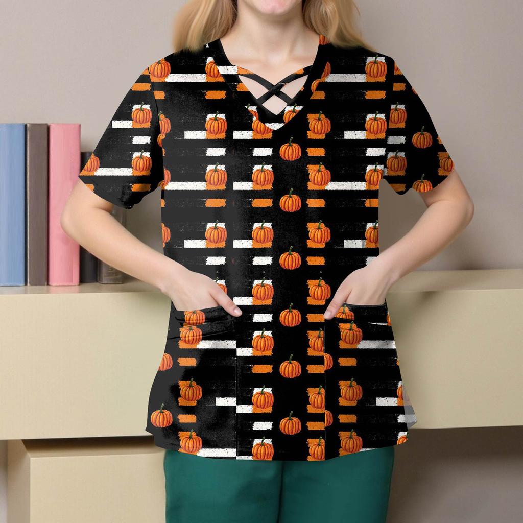 Women's Fashion  V-Neck Short Sleeve Overalls Double Pocket Halloween Printed Tops  Apparel
