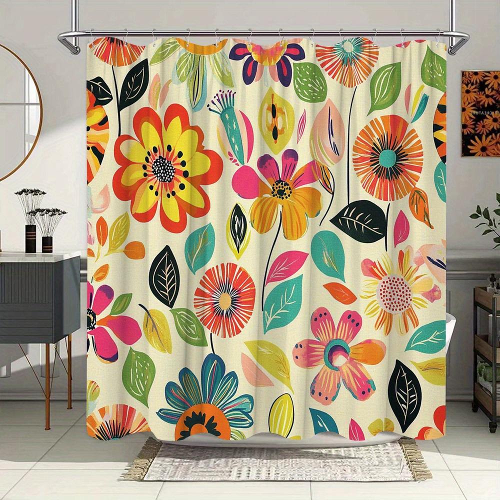 Vibrant Floral Pattern Waterproof Shower Curtain For Bathroom Decor, Adding A Splash Of Color And Modern Style To Your Space