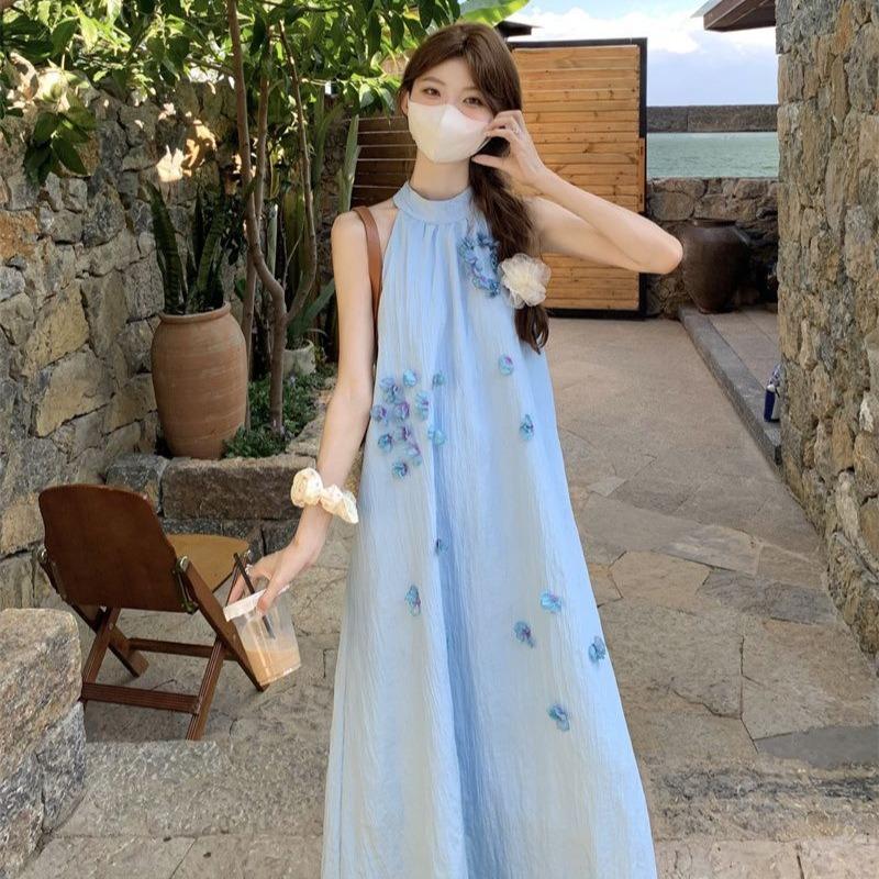 Blue Neck Sleeveless Dress Women's Summer Dopamine Wear High-end Seaside Vacation Beach Dress