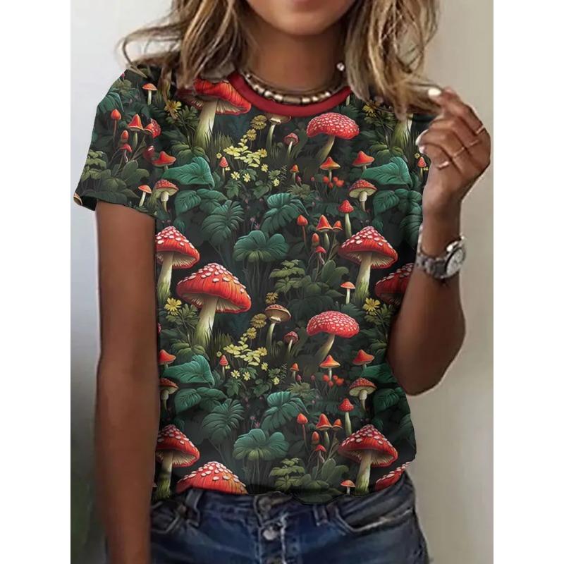 Popular Fashion Forest Series Items! Black Night Red Mushroom 3D Printed Loose Short Sleeve Women's Spring/Summer