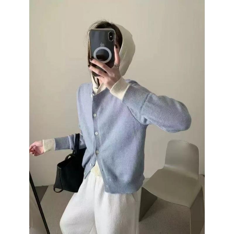 New Versatile Fake Two-piece Color Matching Hooded Knitted Cardigan Women's Loose Long-sleeved Sweater Cardigan Women's