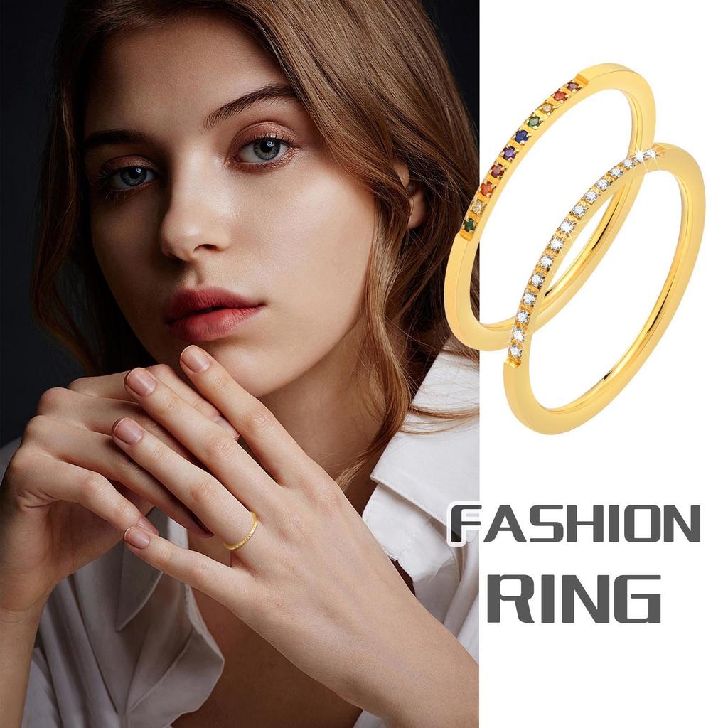 New In Fashion Minimalist Metal CZ Stone Rings for Women,Anti Allergy Stainless Steel Full Light Set Colored cubic zirconia Ring
