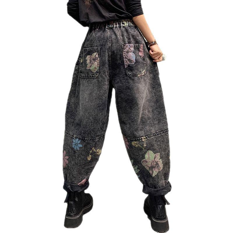 In-Stock 2023 Spring Fashion: Retro Printed Distressed Denim Harem Pants, Loose Fit, Plus Size