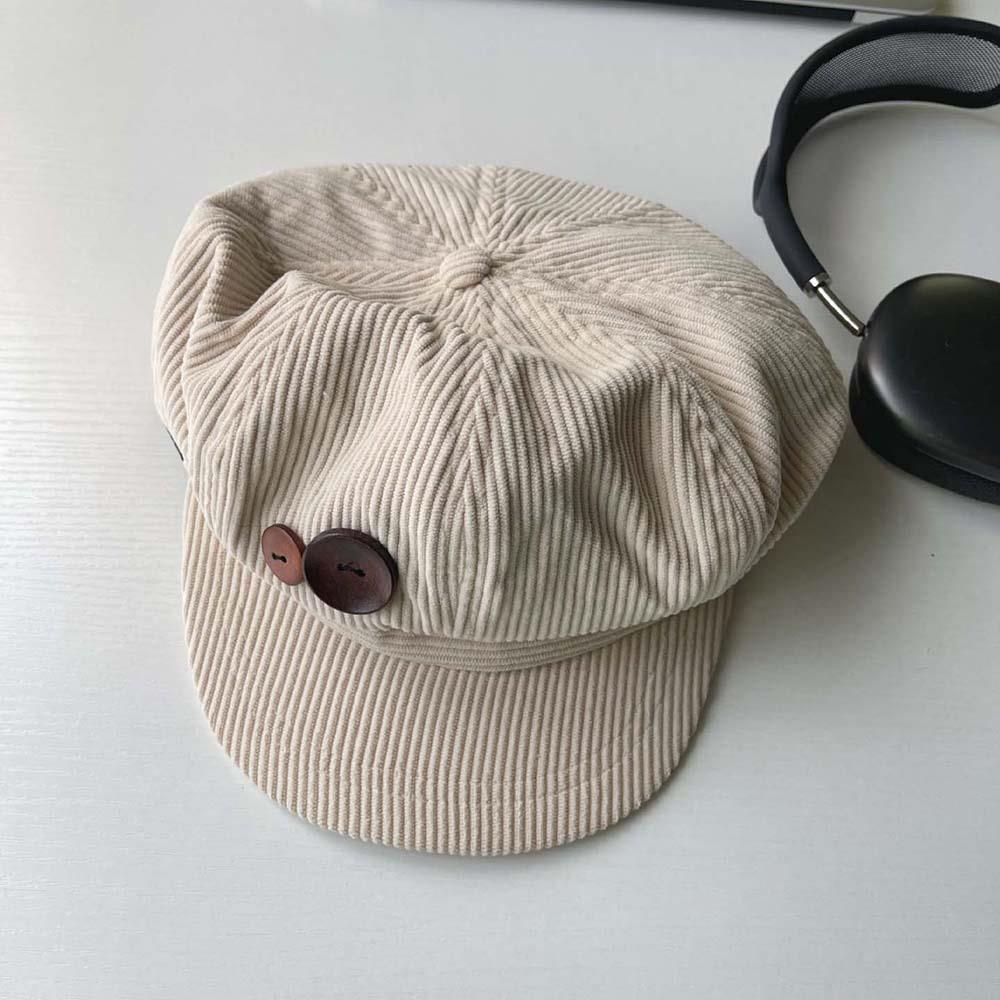 Retro Button Corduroy Hat Keep Warm and Windproof Octagonal Cap Season Versatile Face-enhancing Little Painter Cap Newsboy Hat