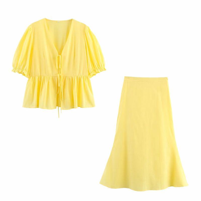 

Kaslead Новая женская одежда Западный стиль Пышный рукав V-образный вырез Топ на шнуровке Юбка Комплект Yellow Suit XL