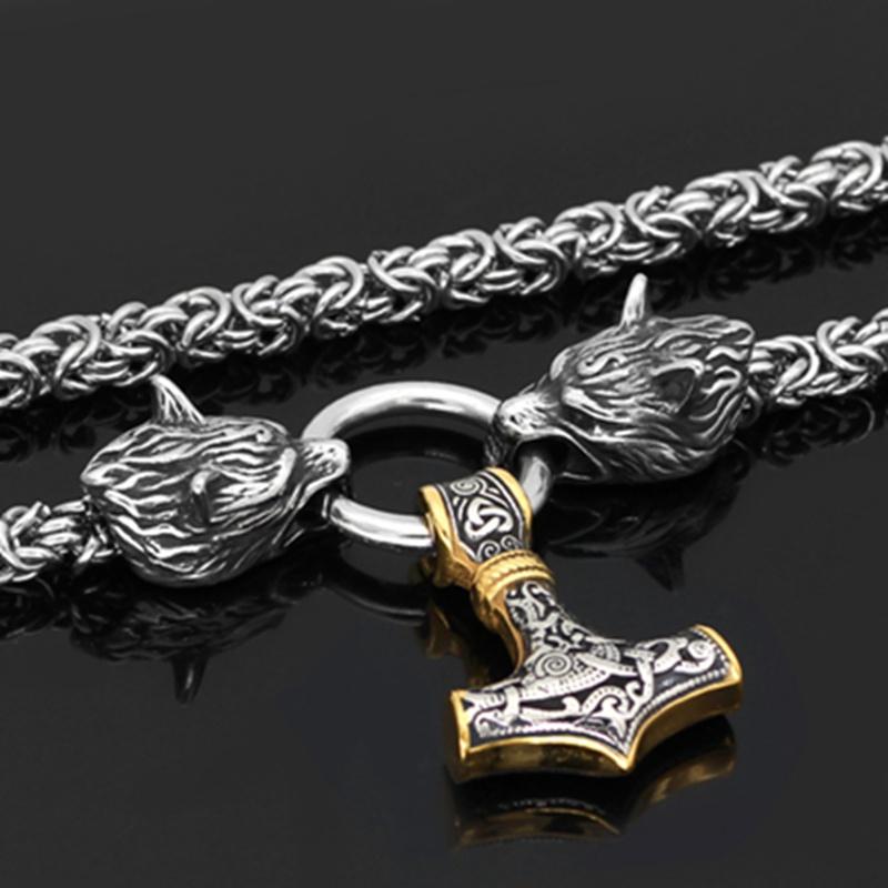 Nordic Herren 316L Edelstahl Wikinger Wolfskopf Stahlkette und Thors Hammer Mjolnir Anhänger Halskette Wikinger Herren Amulett Schmuck Geschenk
