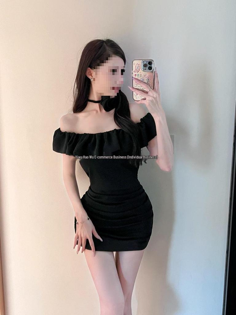 Chic Ruffled Off-Shoulder Bodycon Dress - French Style Slimming Mini Skirt