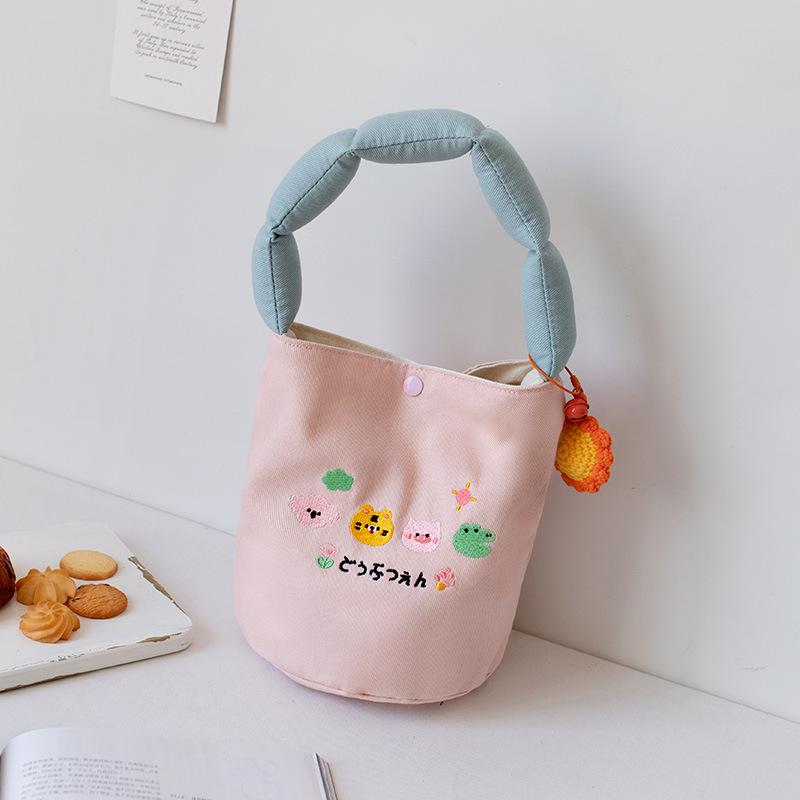 

Летняя парусиновая сумка, сумка подмышку, женская нишевая студенческая милая сумка-ведро с вышивкой в виде цветка, тканевая сумка, маленькая сумка розовый