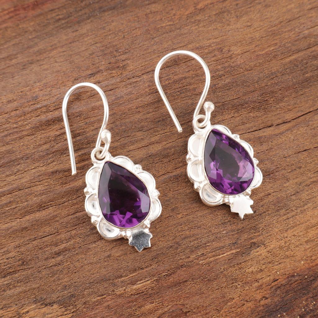 Amethyst Edelstein Schmuck, Handgefertigte Silber Ohrringe, Wunderschöne 925 Massiv Sterling Silber Ohrringe, Zartes Geschenk für Frauen