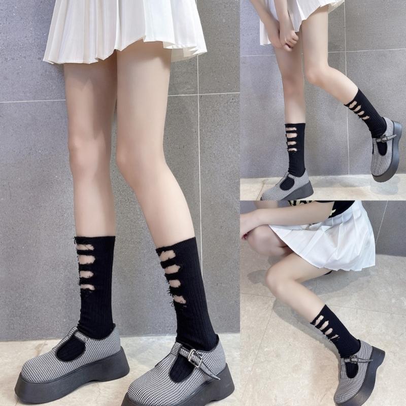 Women Gothic Ripped Holes Crew Socks Ribbed Knitted Harajuku Punk Hip Hop Skateboard Middle Tube Hosiery Streetwear