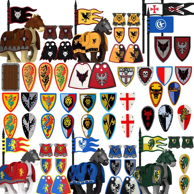 Medieval Roman Knight Legion Building Block Castle Green Dragon Forest Wolf War Horse Dragon Lion Shield Armor Cloak Brick Toys