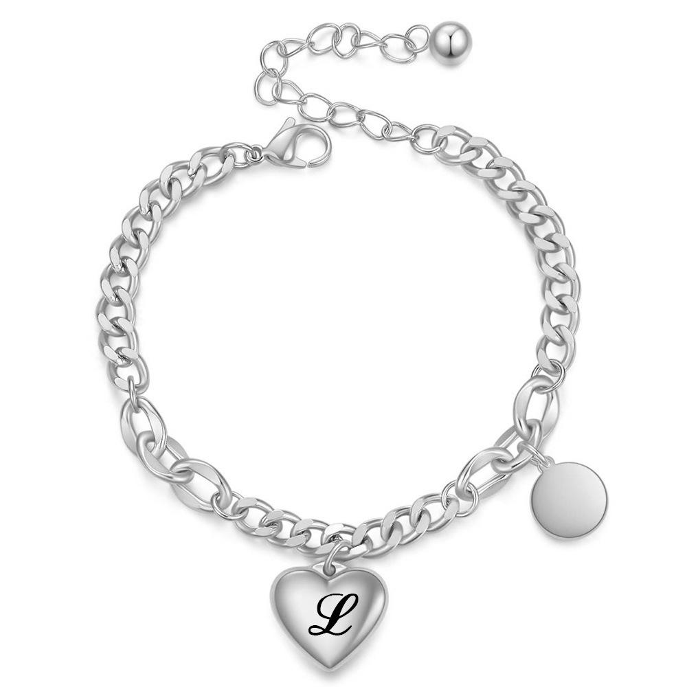 Stainless Steel Cuban Link Bracelet with Heart-Engraved Round Disc and 26 English Letters
