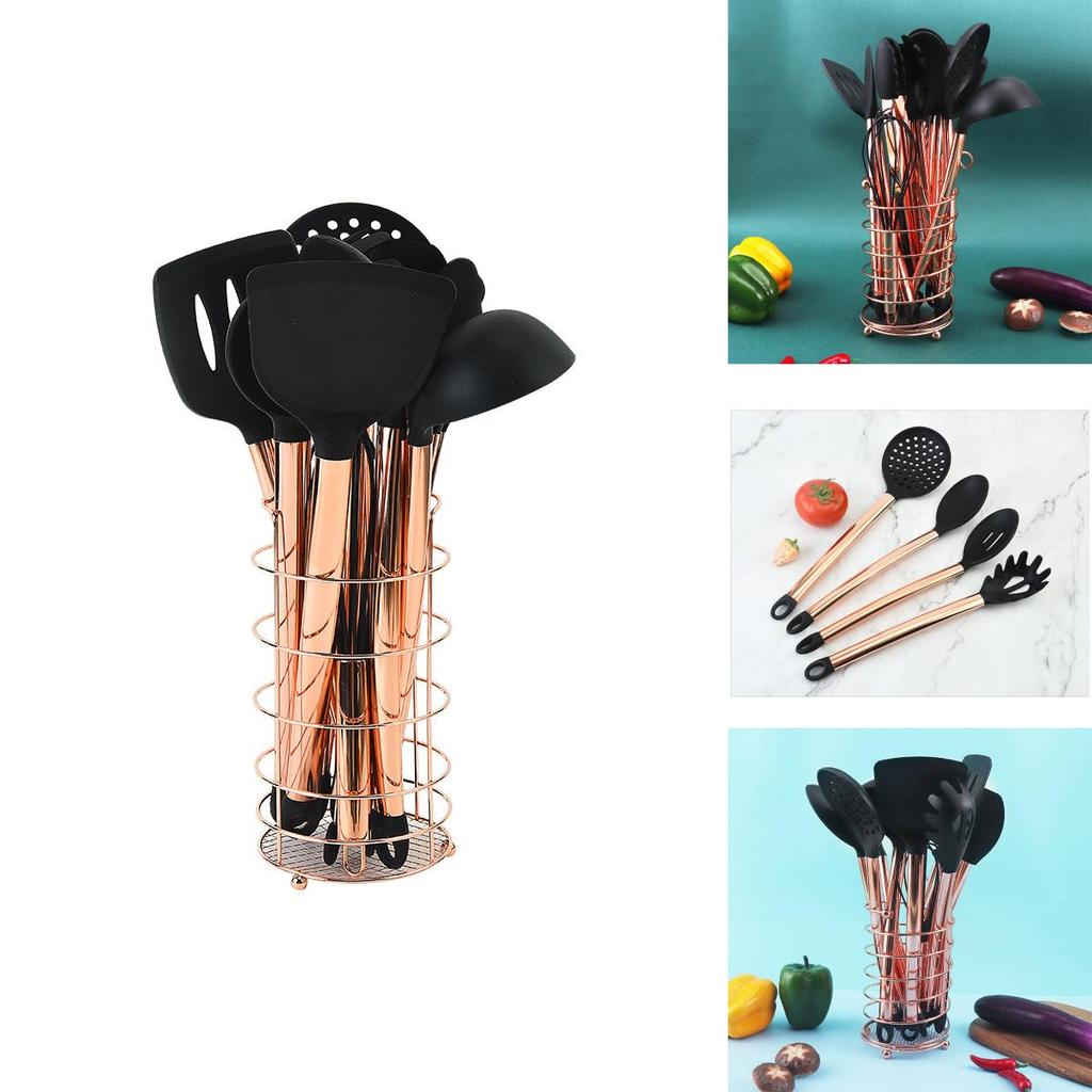 Mångsidigt Svart Silikon och Rostfritt Stål Köksredskapsset Tolvdelat Non-stick Matlagningsnödvändigheter