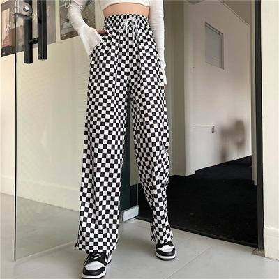 2022 yeni gelenler Sweatpants kadın geniş bacak pantolon Retro yüksek bel dama tahtası ızgara elastik kadın pantolon siyah gevşek uzun pantolon