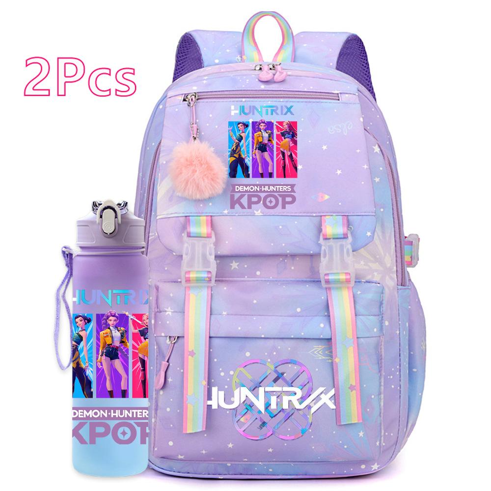2 st/set Söt Anime Kpop Tryckt Ryggsäck 750 ml Vattenflaska Stor Kapacitet Resväska för Tonårsflicka Pojke Bokväska Barnpresent Rucksak
