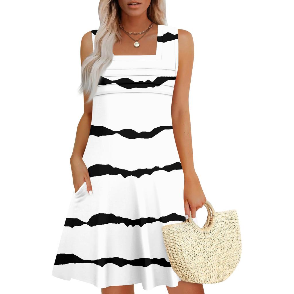 Women's Summer Casual Petal Slim Stripe Pleated Solid Color Dresses