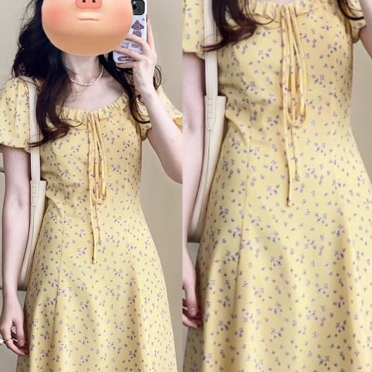 Dopamine wears French yellow floral dress women's clothing 2026 new summer beautiful long dress small man