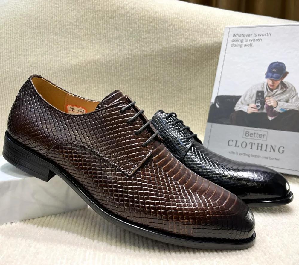 Fashion Classic Men's Genuine Leather Formal Shoes Round Toe Derby Handmade Lace-up Wedding Business Office Dress Shoes