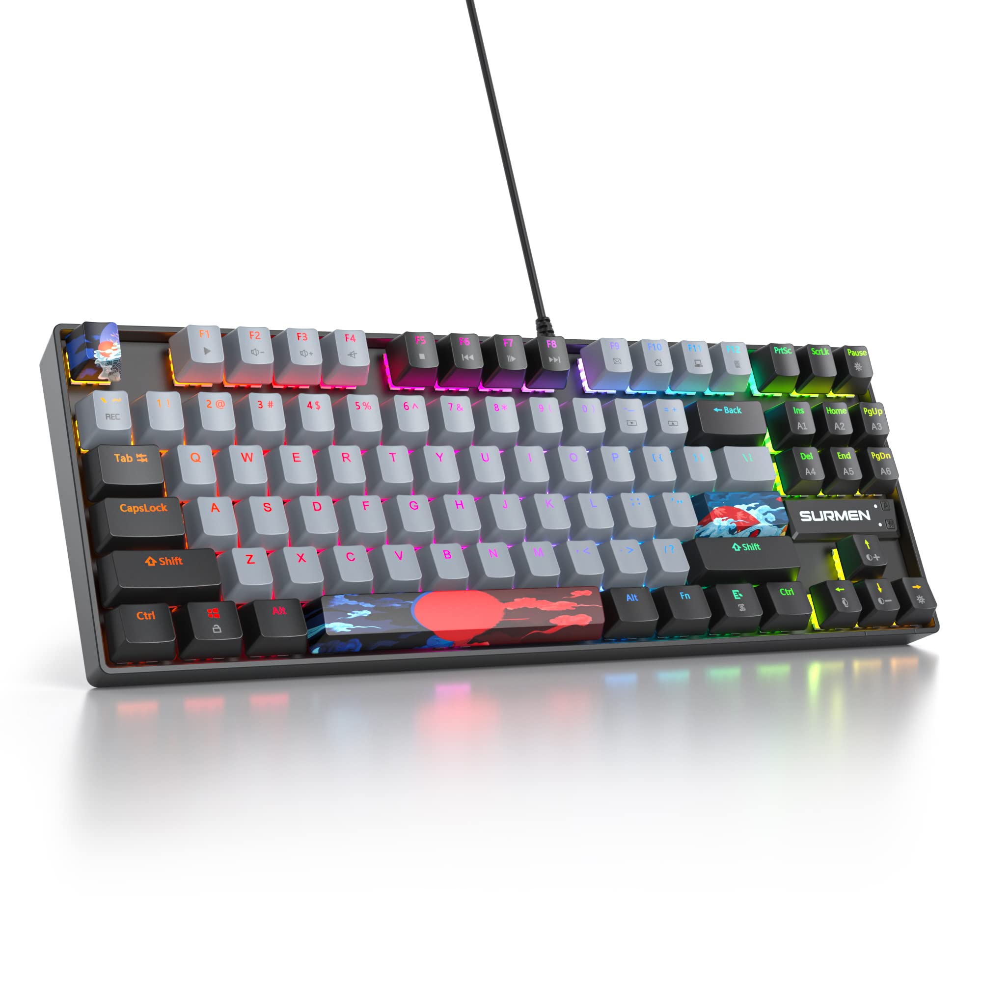 

87 Key Mechanical Gaming US Layout Red Switch RGB Lighting Wired TKL Size N Key For PC Gamers Dolch Keyboard, (Tenkeyless) 75% Rollover, (87 gray/red