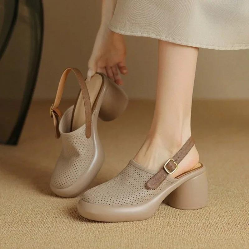 Summer Sandals Round Toe Hollow Out High Heel Sandals Women Platform Sandals Zapatos Mujer Chunky Heel Sheepskin Shoes Green