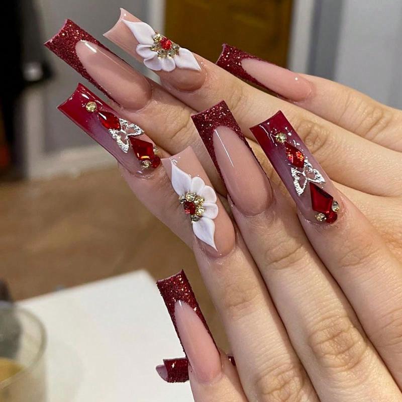 30-Piece Set: Handmade Almond Nails with 3D Flowers, Butterflies & Pearls