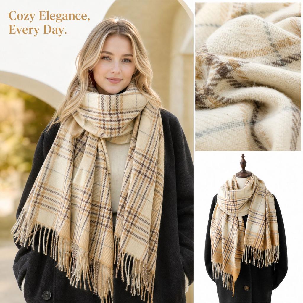 Women's Plaid Scarf with, Thick Warm Shawl Wrap and Neck Warmer, 200 60, Versatile Winter Scarf