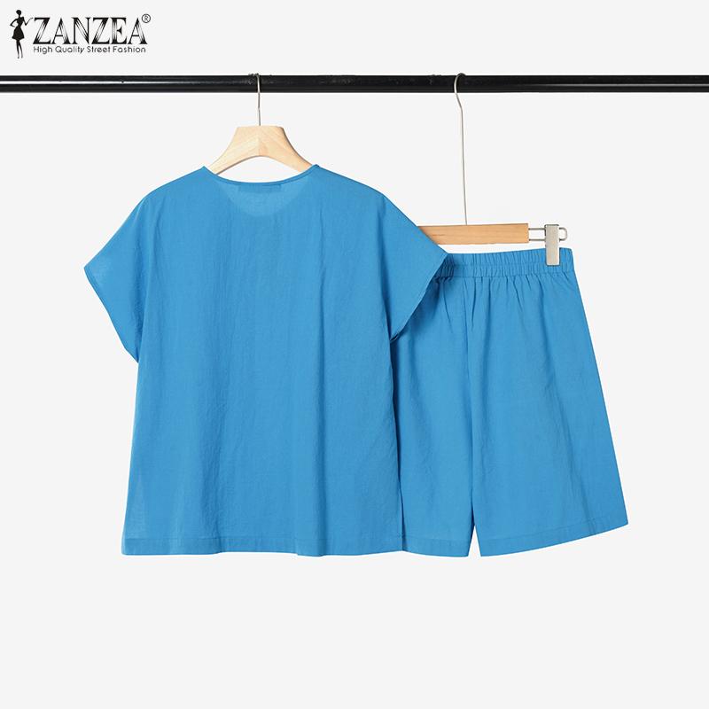 ZANZEA Women Short Sleeve Blouse and Shorts Summer Two Piece Suit Sets