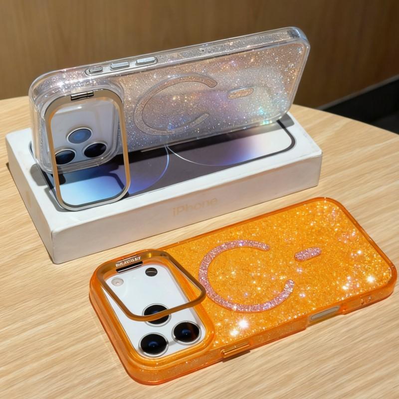 Bling Glitter Camera Protection Kickstand Clear Case For iPhone 17 16 16E 15 14  Pro Max For Magsafe Shockproof Luxury Cover For iPhone 13 темно-фиолетового