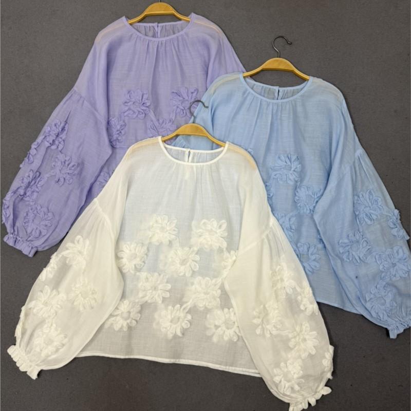 

Johnature Spring Summer Round Neck Pullover Loose Long Sleeve Top Simple Floral Pullover Women Shirts One Size