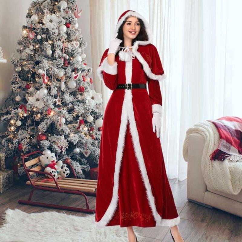 Santa Costume Mrs Santa Christmas Costume Woman Outfit Christmas Long Dress New Year Party Set