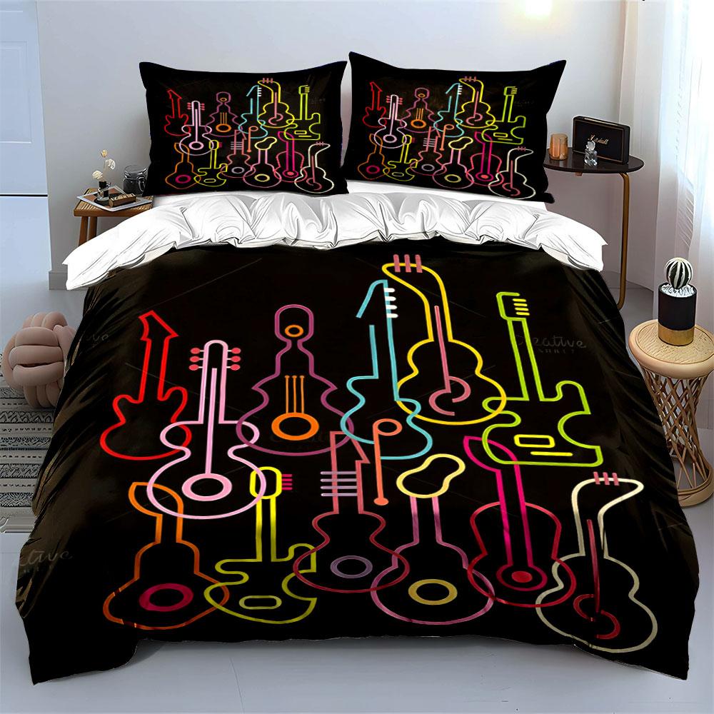 Colorful Neon Guitar Silhouettes. Bedding Sets Duvet Cover Sets Duvet Covers Pillowcases(1 * Duvet Cover 2 * Pillowcases Without Duvet Insert)