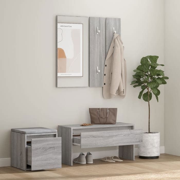 VidaXL Ensemble de Meubles de Couloir Banc d'Entrée Boîte de Rangement Miroir de Coiffeuse Porte-manteau Sonoma Gris Bois 3120195