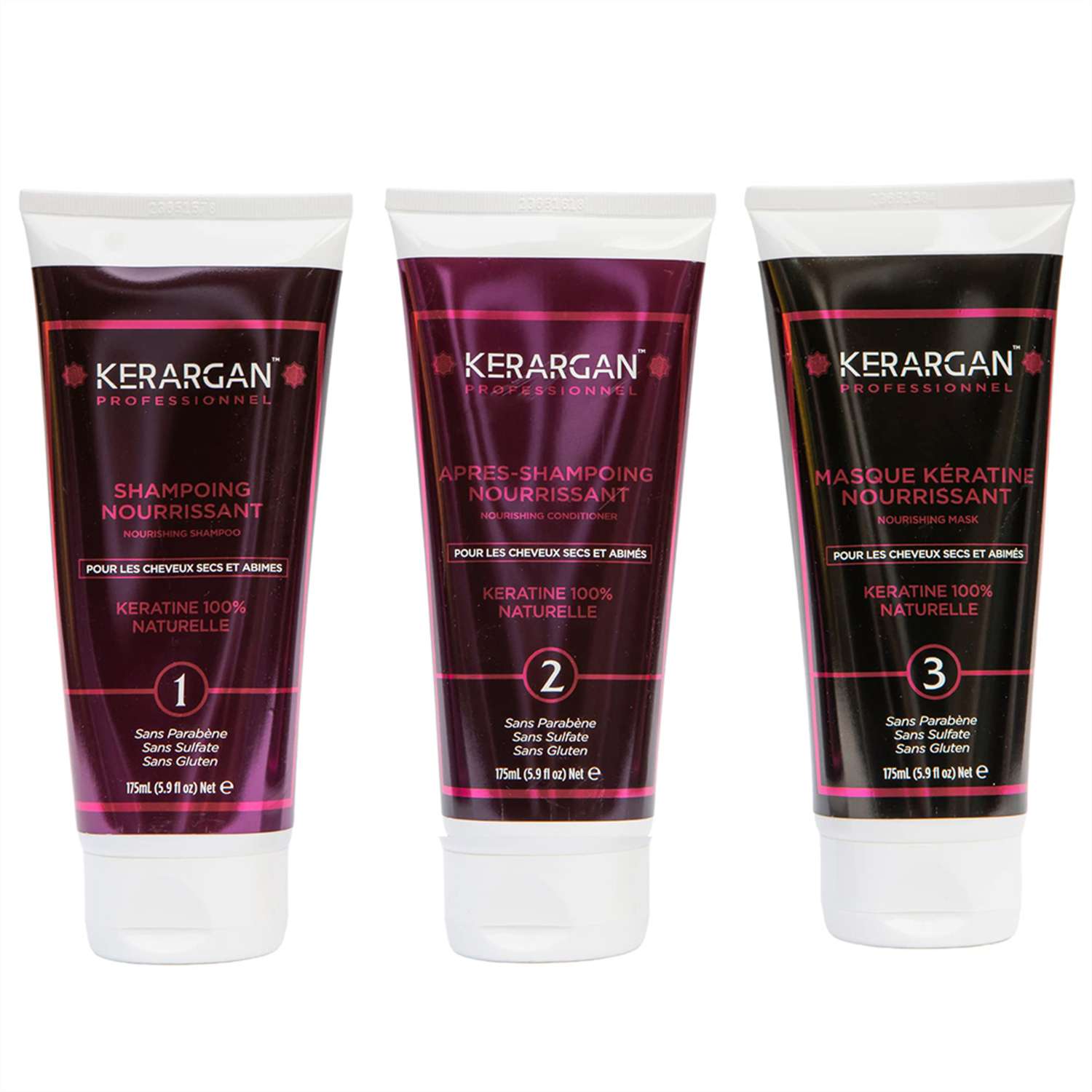 

Kerargan — Комплексный уход за волосами с кератином для укрепления и регенерации — Сухие и поврежденные волосы — Без сульфатов, парабенов и силикона — 3x175 мл