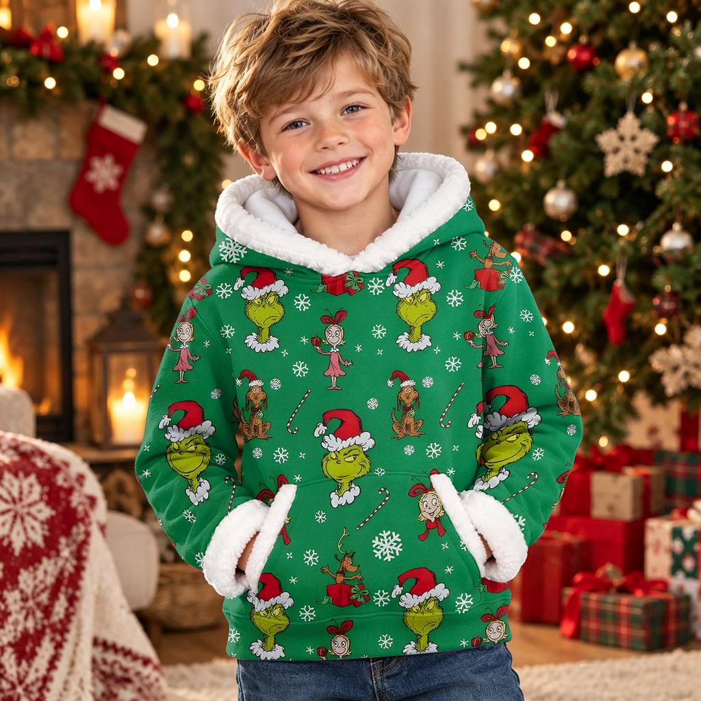 Kids Long Sleeve Christmas Print Hoodie, Casual Fashion Hooded Top for Winter Holiday