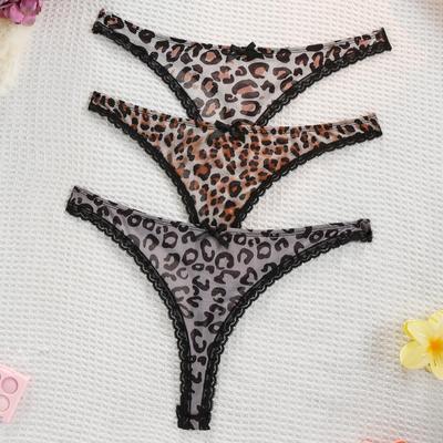 Sexy European & American Mesh Print Lace Trim Transparent Temptation Women's Thong with Cotton Crotch